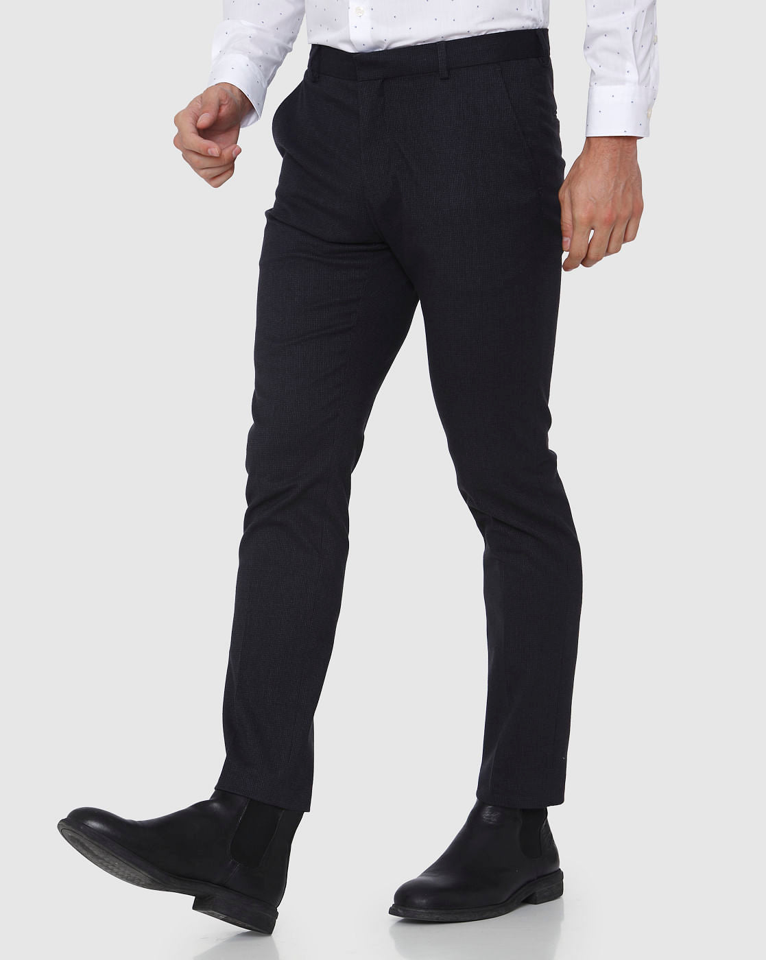 Navy Blue Textured Slim Fit Trousers