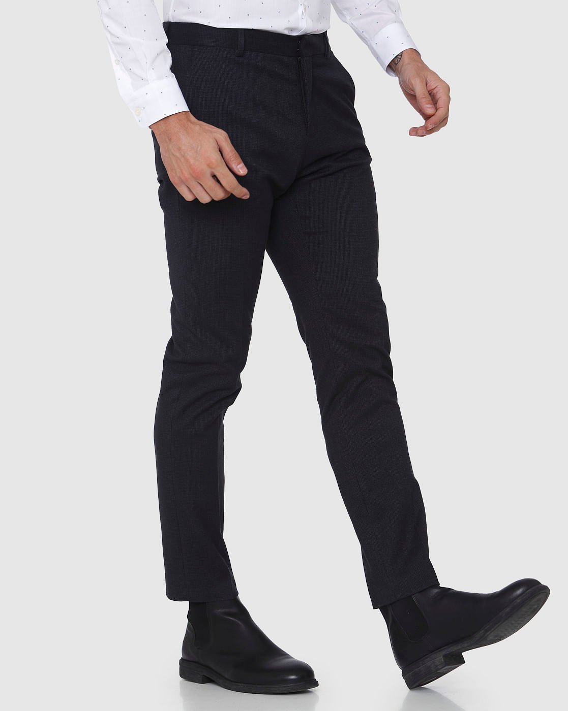 Navy Blue Textured Slim Fit Trousers