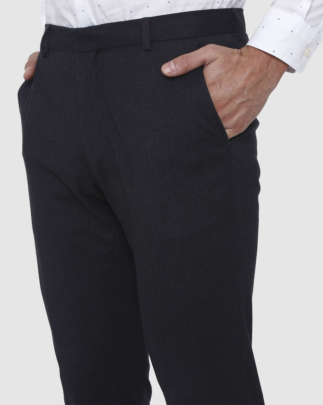 Navy Blue Textured Slim Fit Trousers