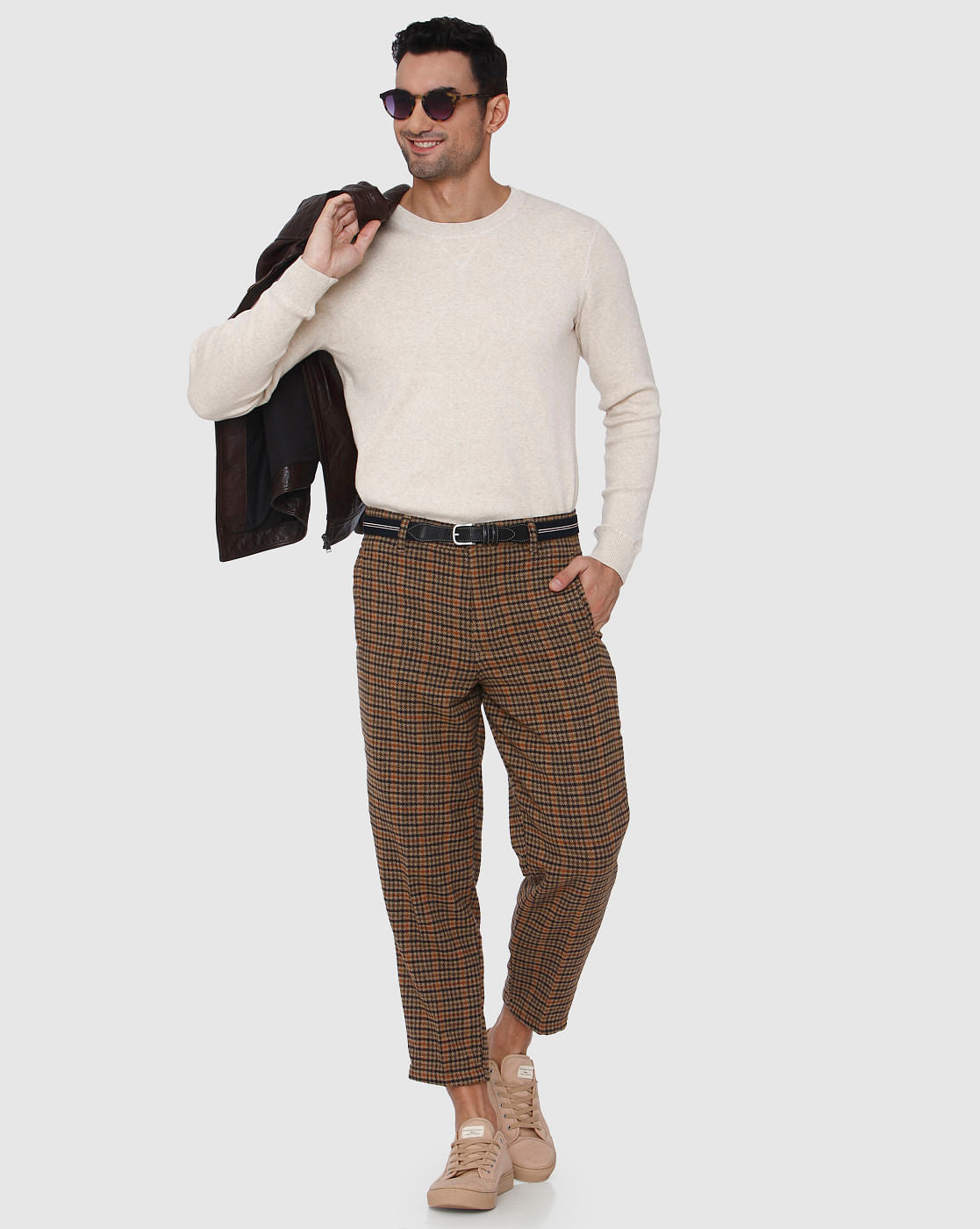 Brown Check Straight Fit Pants