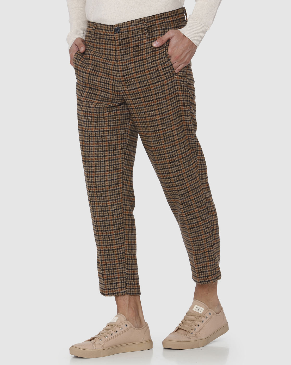 Brown Check Straight Fit Pants