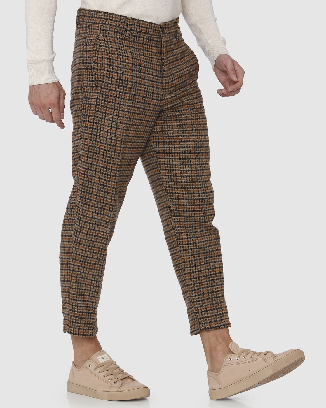 Brown Check Straight Fit Pants