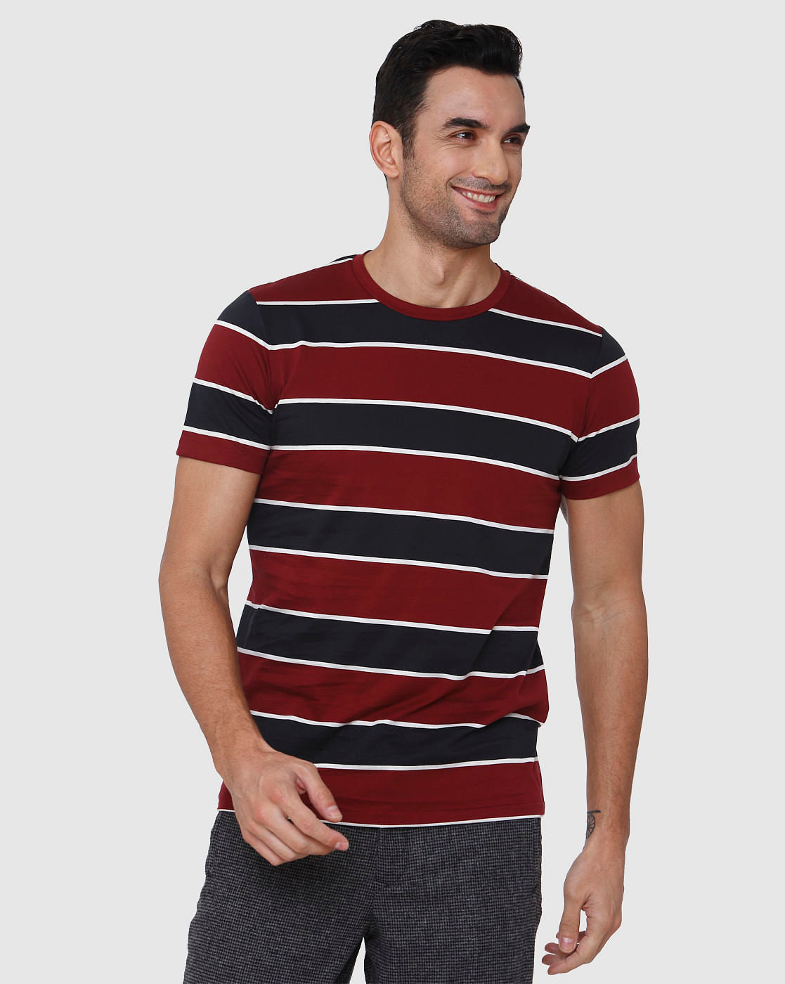 Burgundy Striped Crew Neck T-Shirt