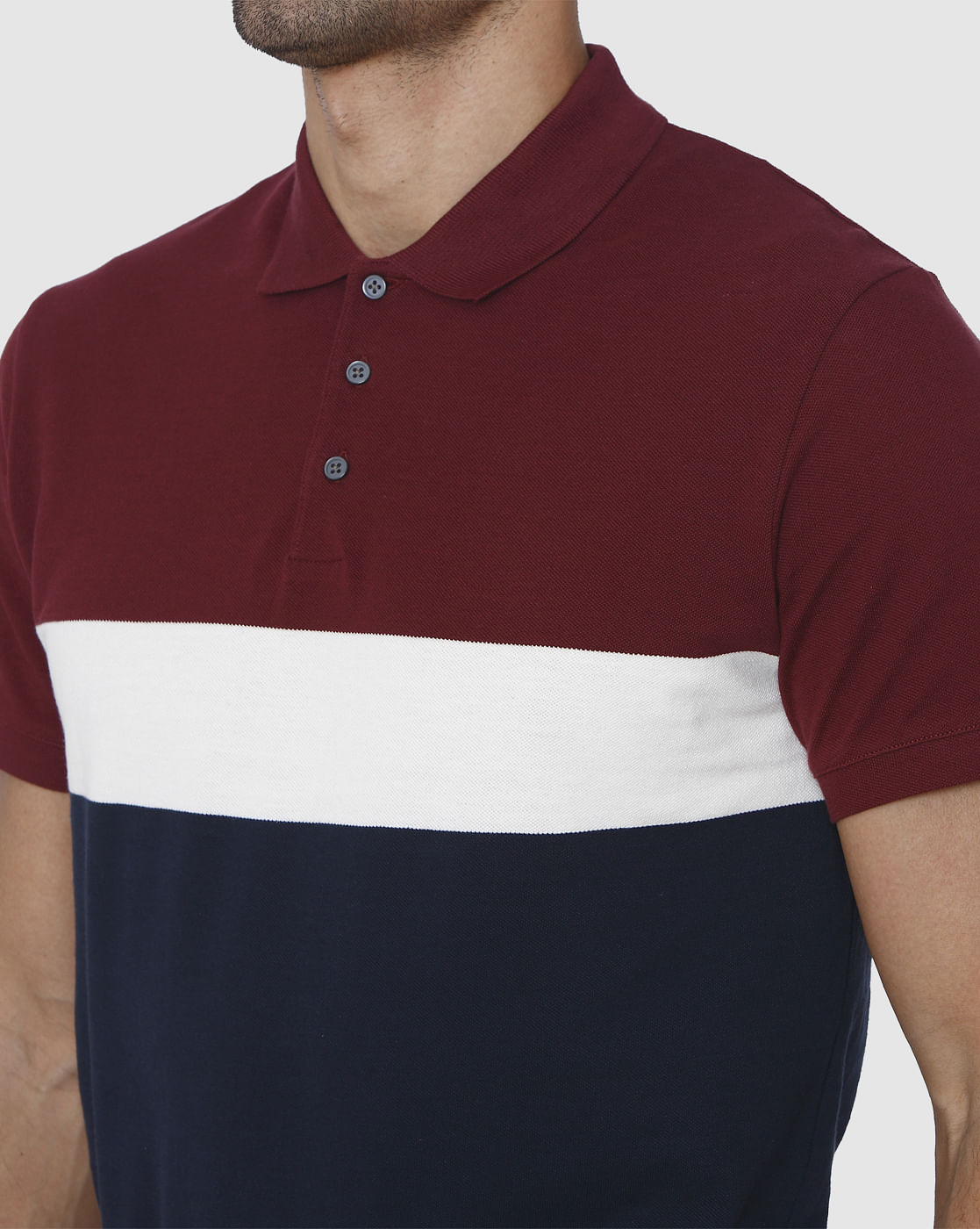 Burgundy Colourblocked Polo Neck T-Shirt