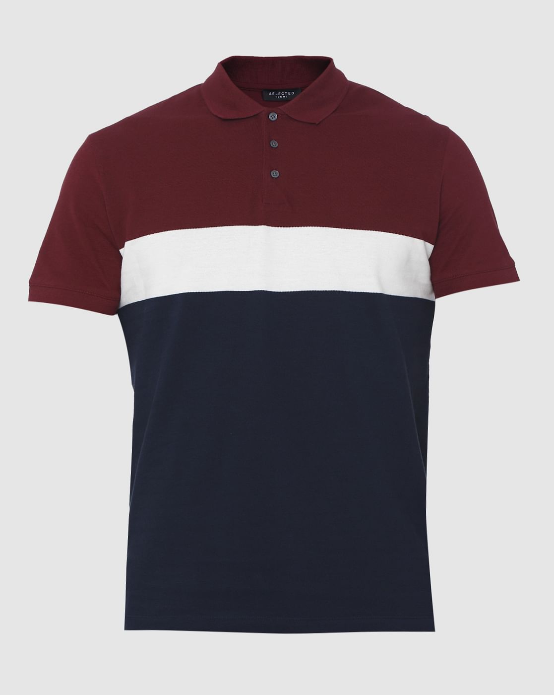 Burgundy Colourblocked Polo Neck T-Shirt