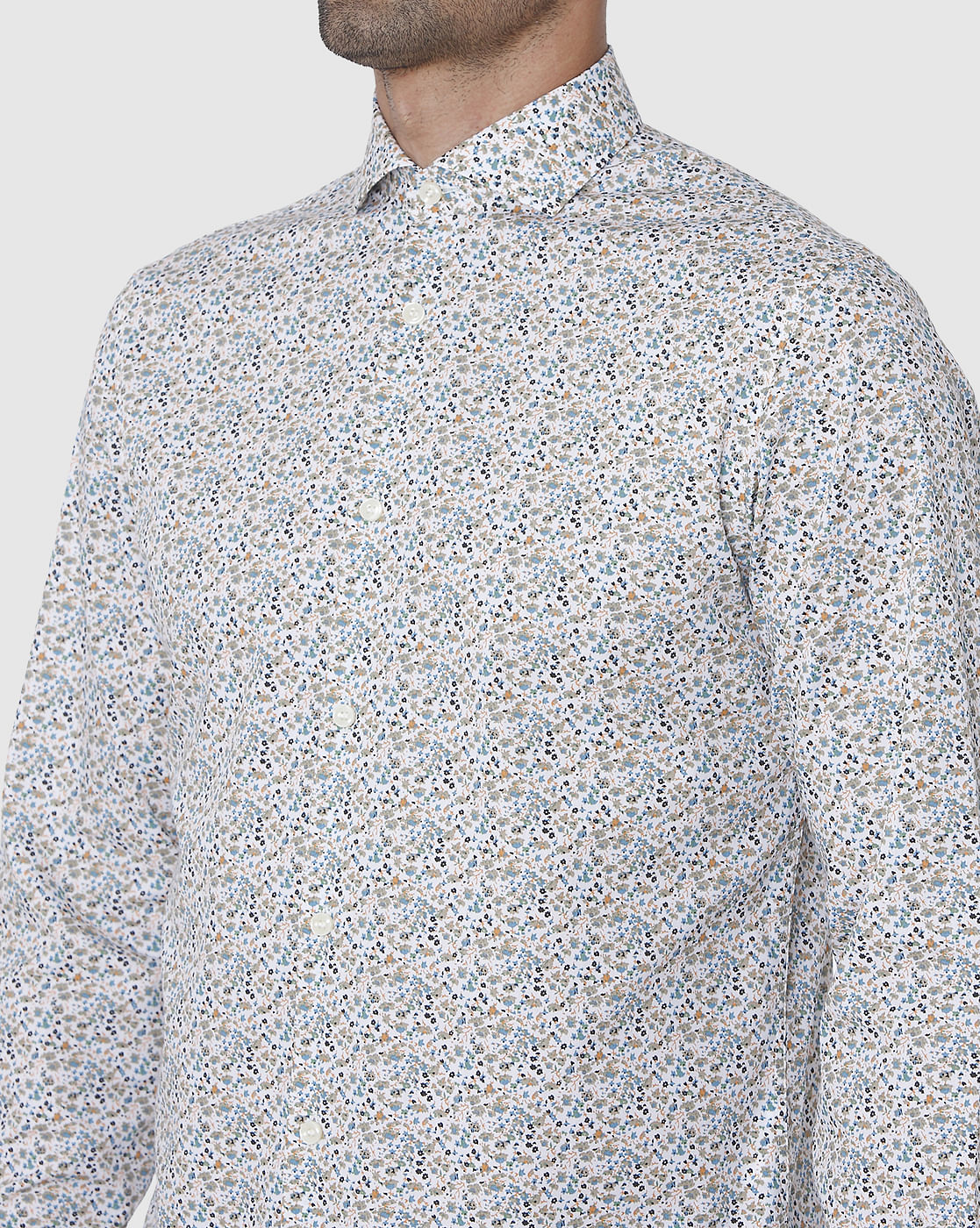 White Floral Print Full Sleeves Shirt