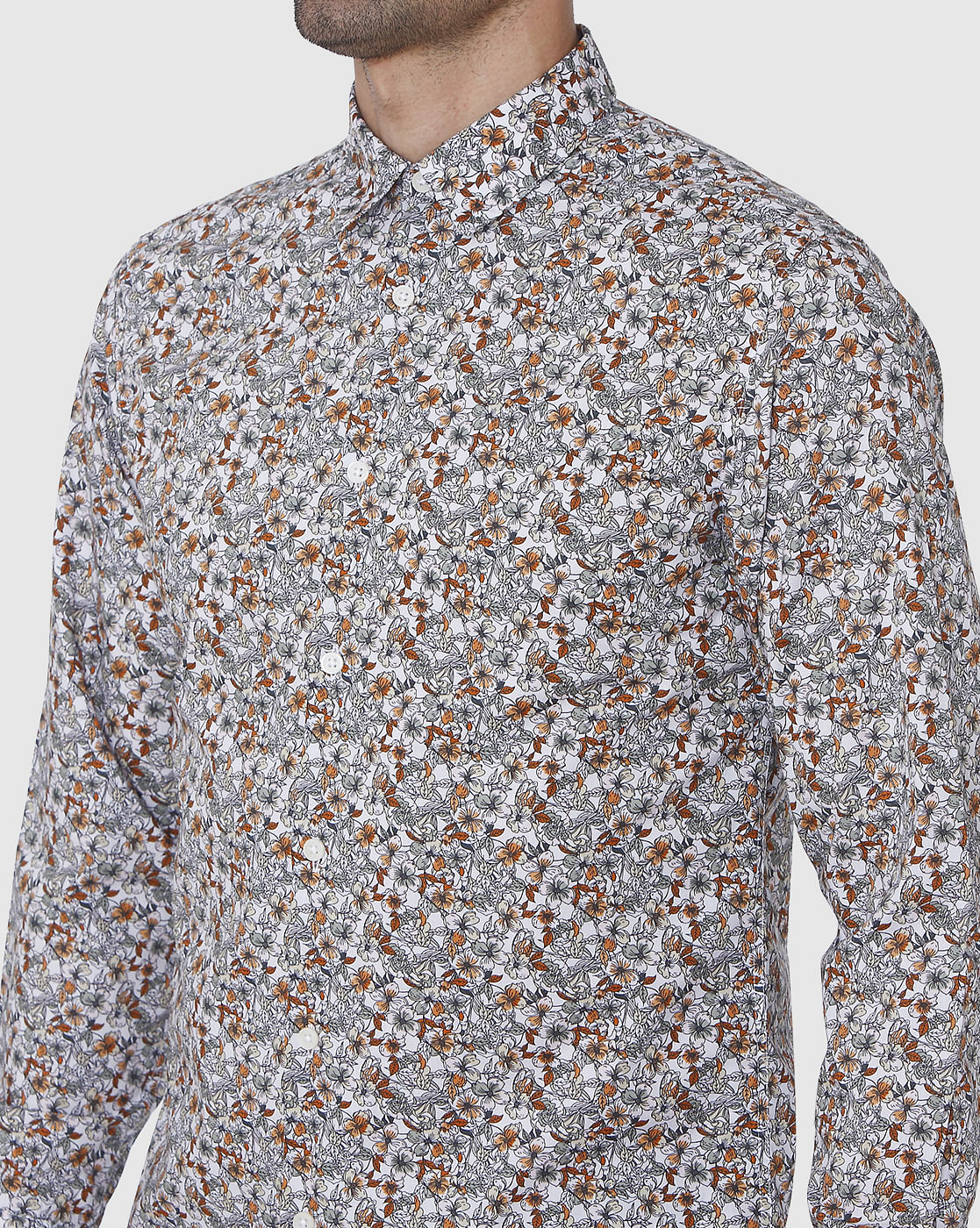 White Floral Print Full Sleeves Shirt
