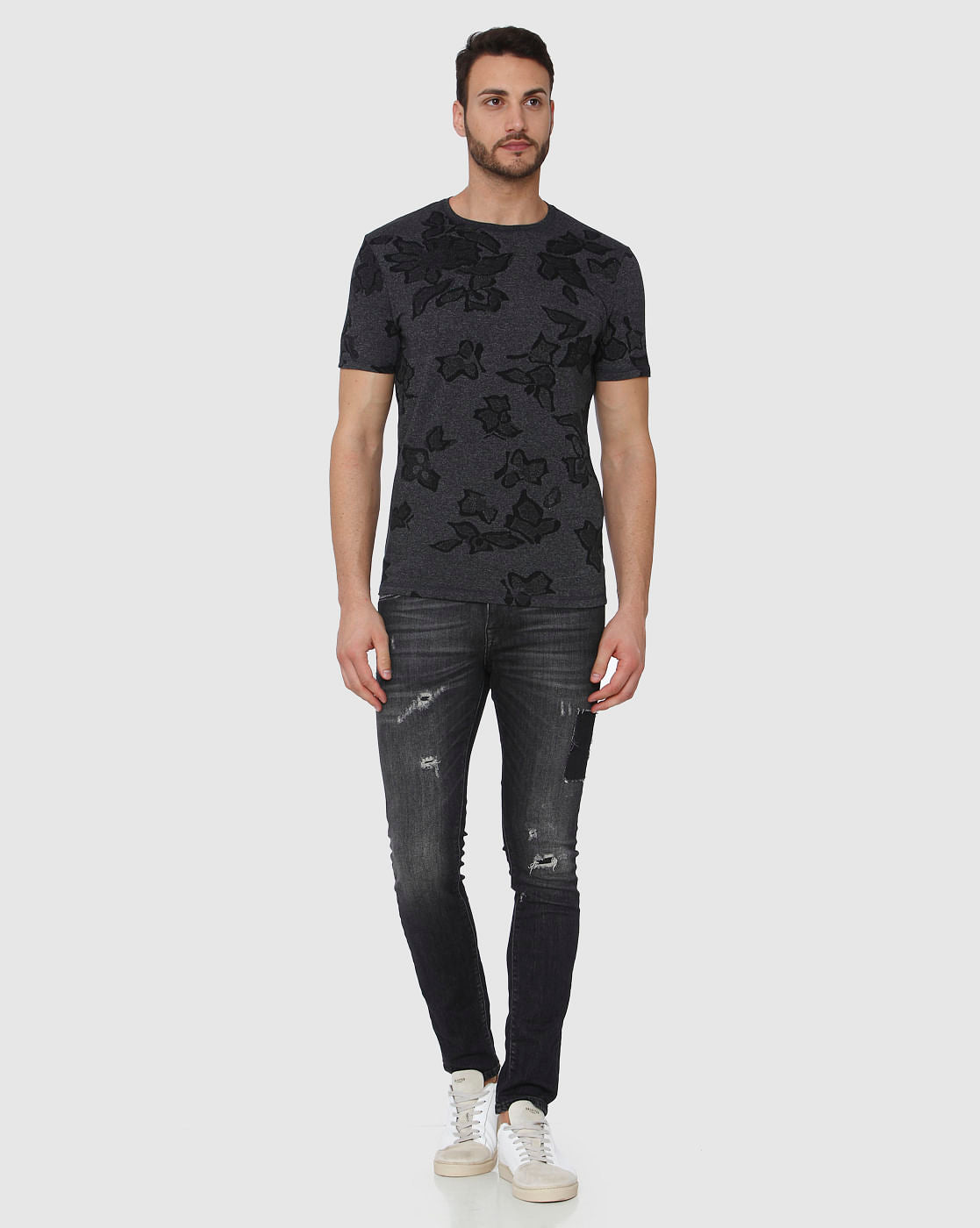 Black Jacquard Abstract Print Crew Neck T-Shirt