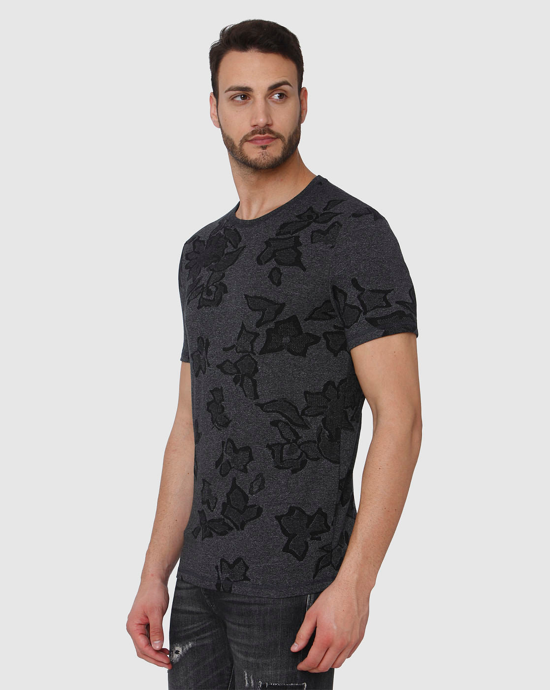 Black Jacquard Abstract Print Crew Neck T-Shirt