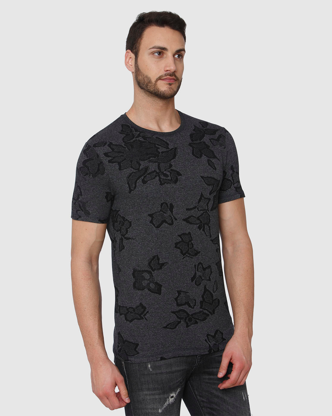 Black Jacquard Abstract Print Crew Neck T-Shirt
