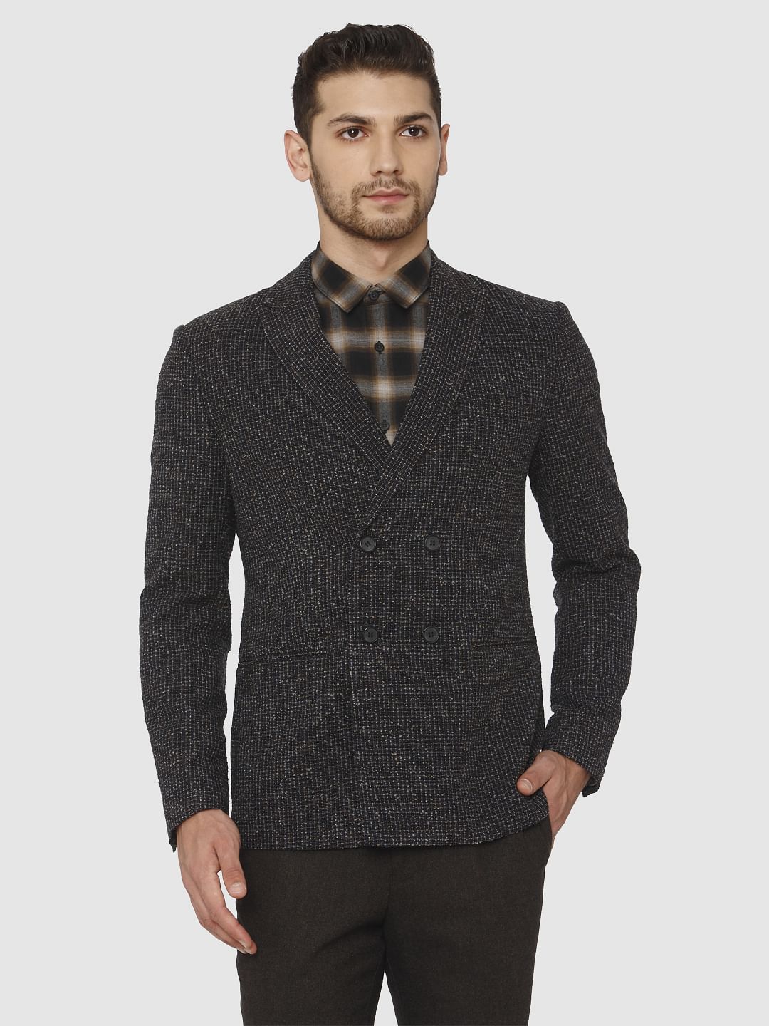 Seelcted Dark Brown Check Print Blazer