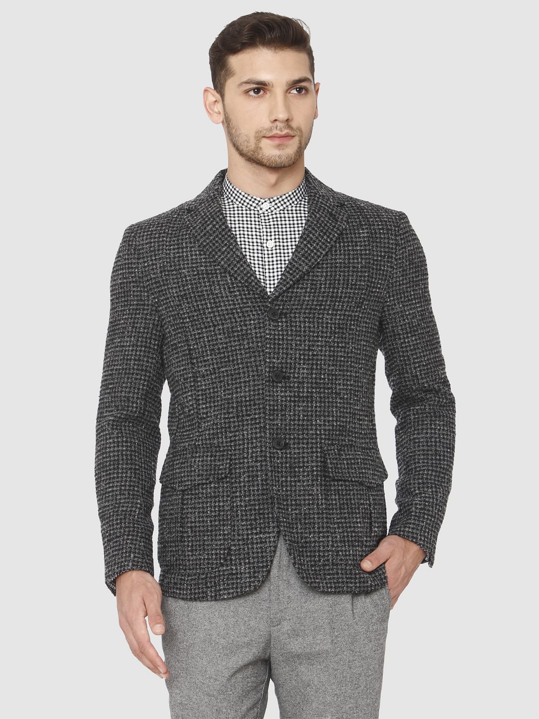 Grey Houndstooth Print Blazer