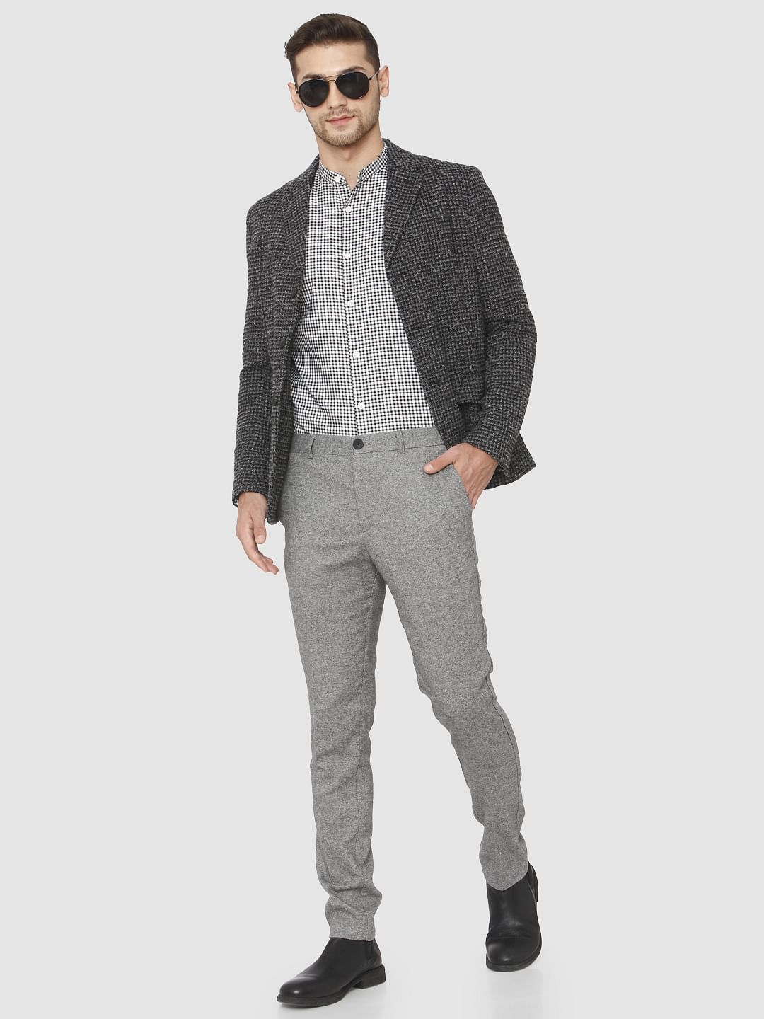 Grey Mid Rise Slim Fit Formal Trousers