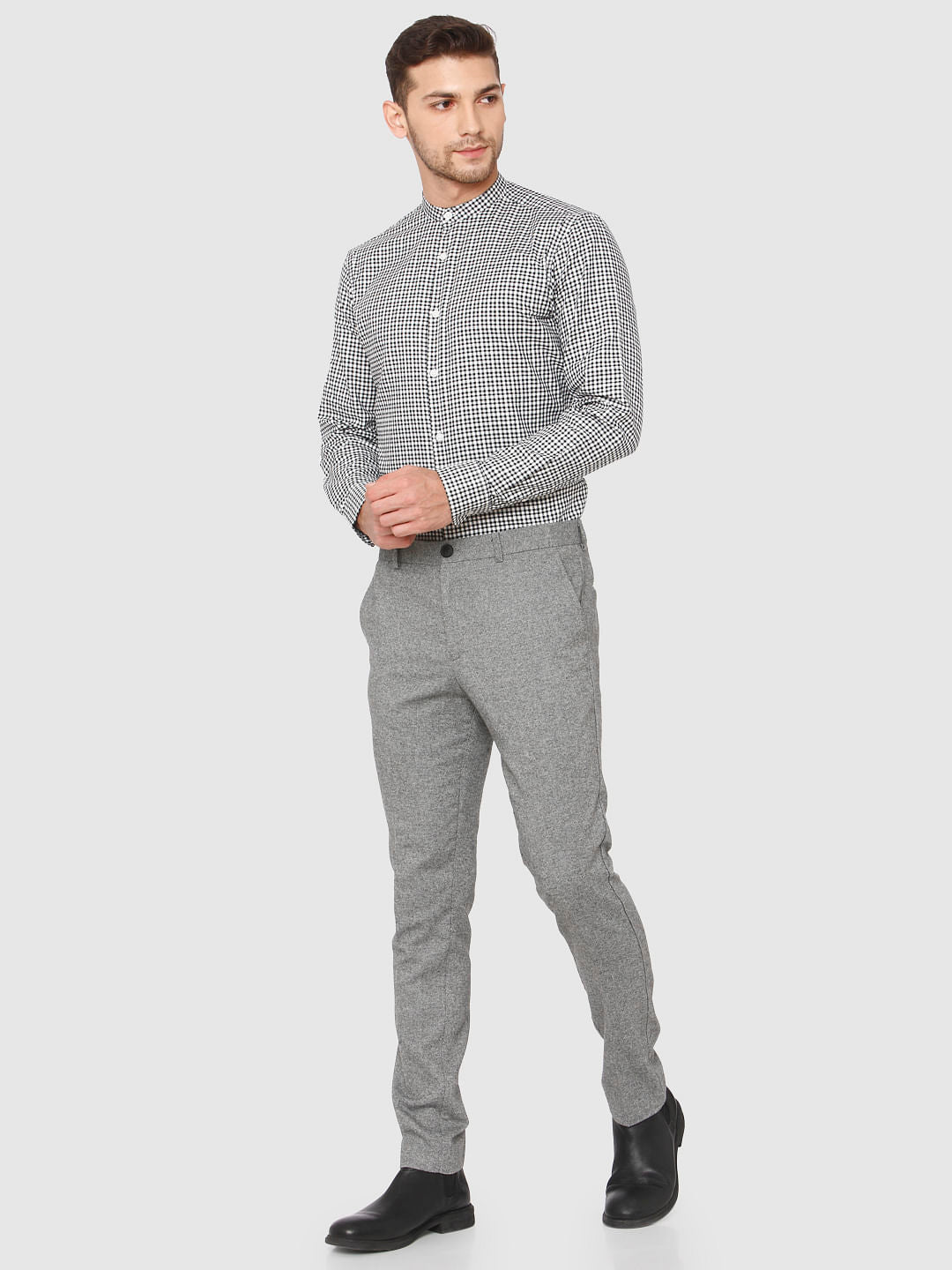 Grey Mid Rise Slim Fit Formal Trousers