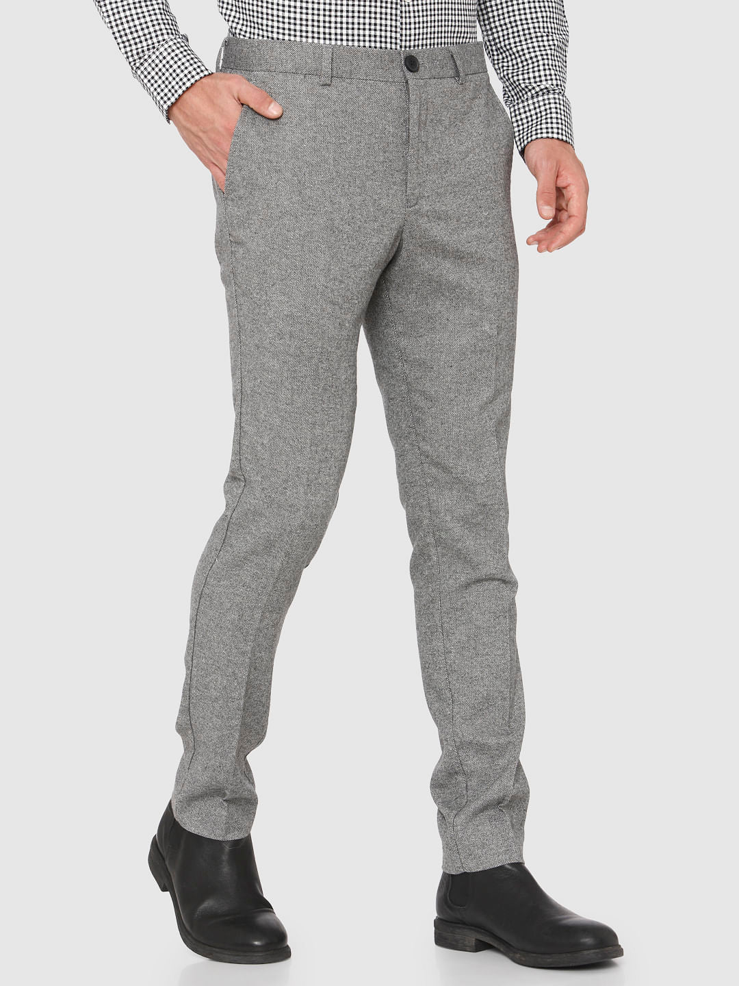 Grey Mid Rise Slim Fit Formal Trousers