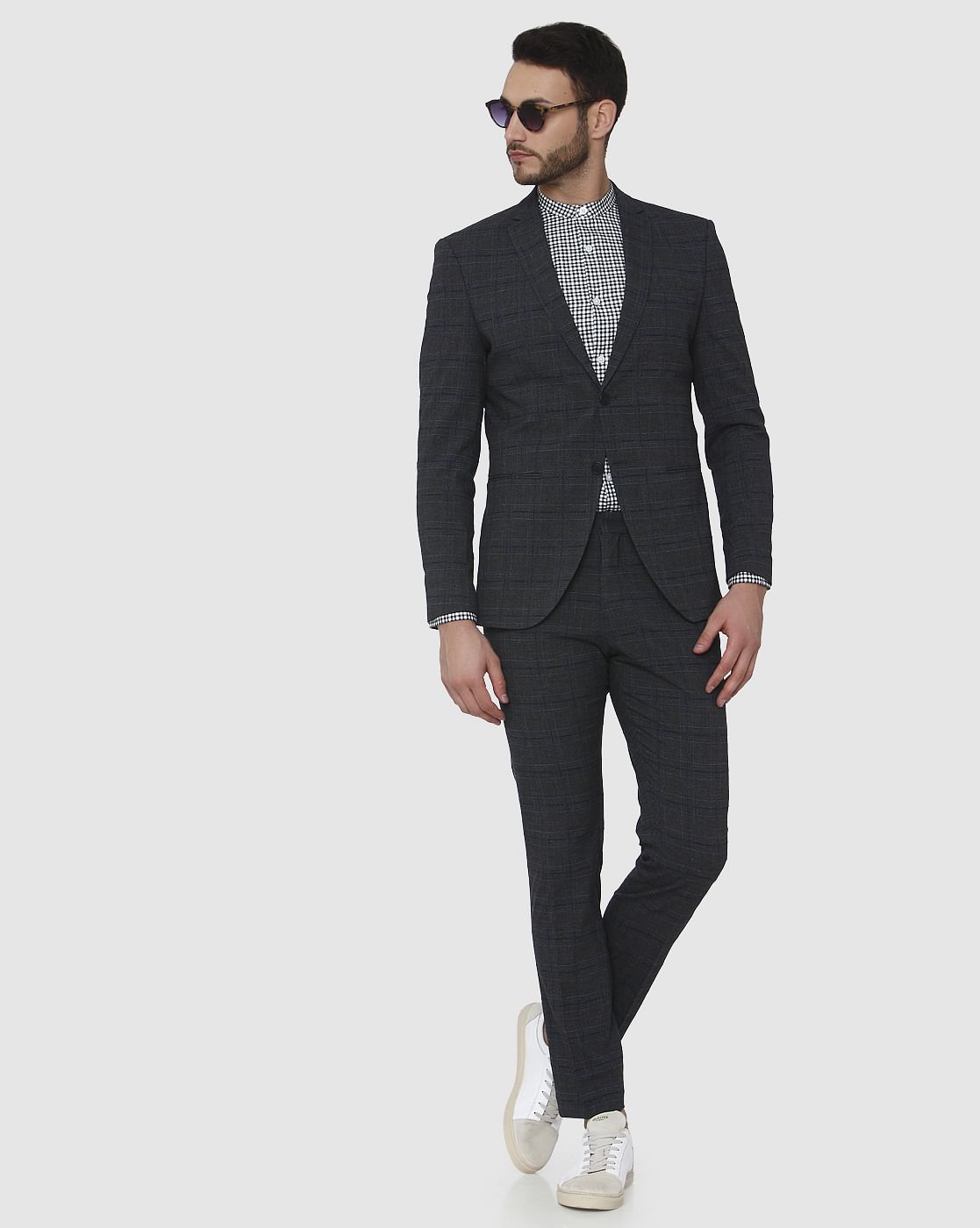 Grey Check Formal Slim Fit Trousers