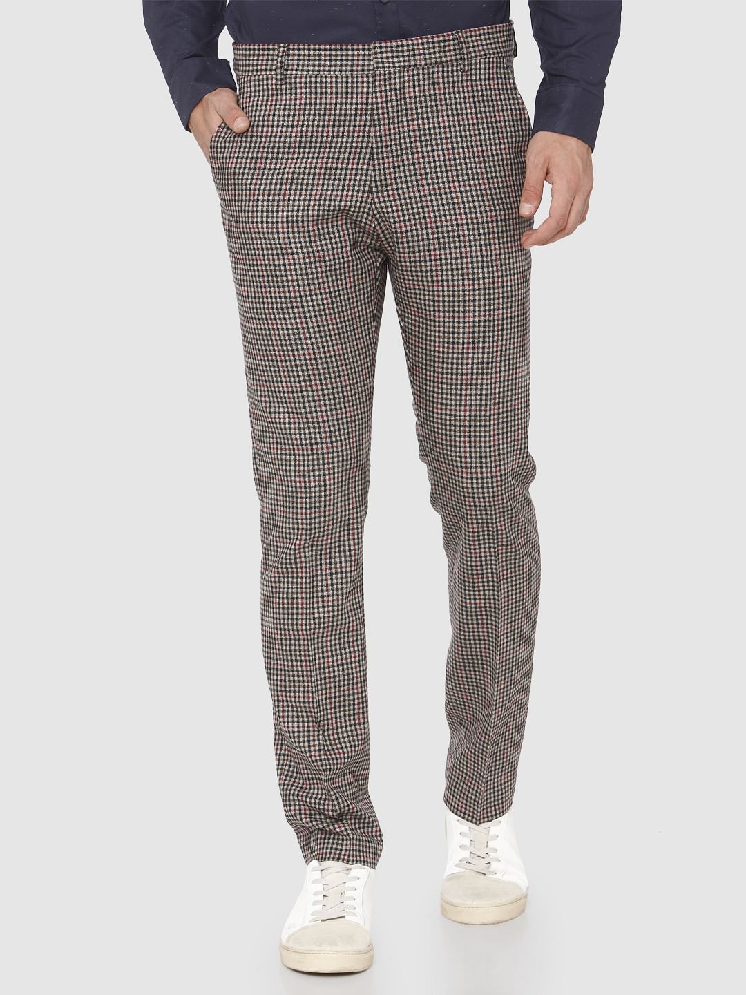Brown Mid Rise Check Trousers