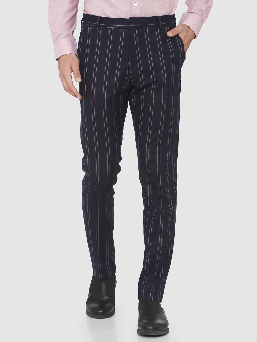 Navy Blue Mid Rise Striped Trousers