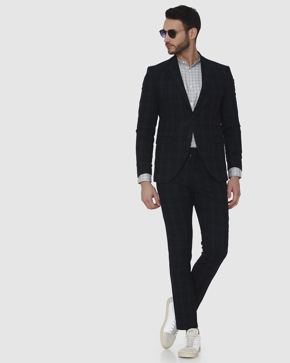 Navy Blue Check Formal Trousers