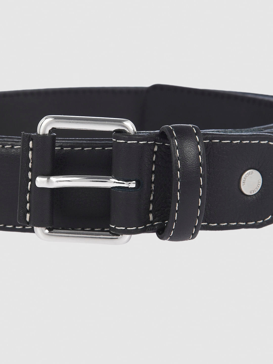 Black Contrast Stitching Leather Belt