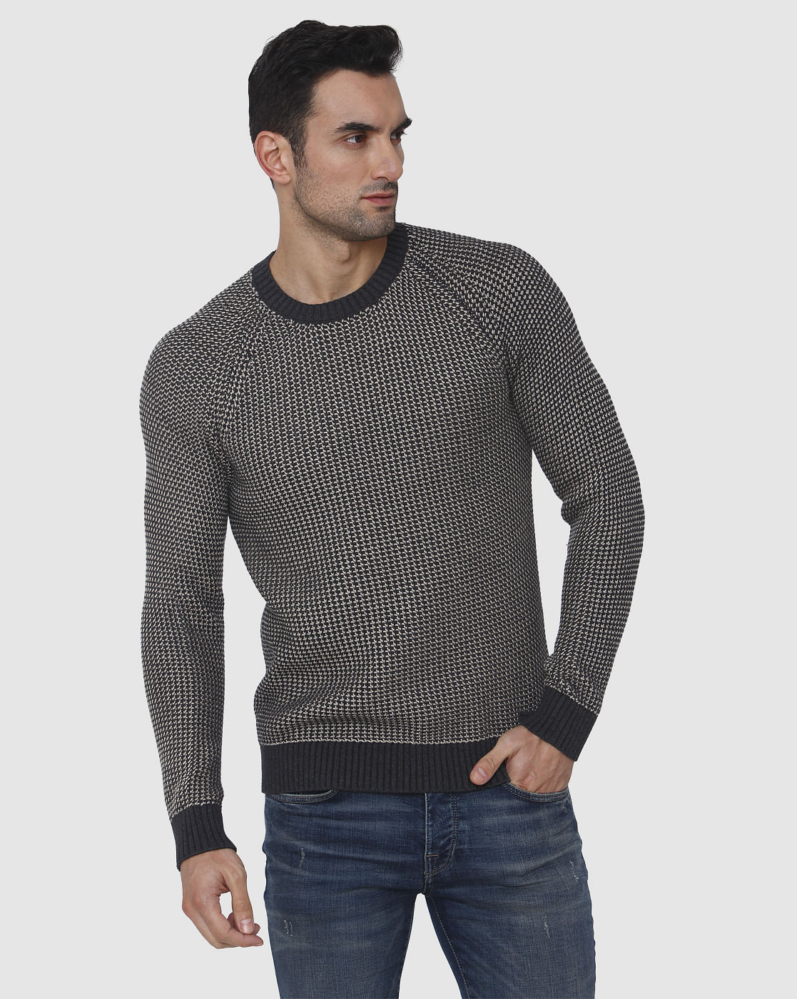 Black Textured Crew Neck Pullover