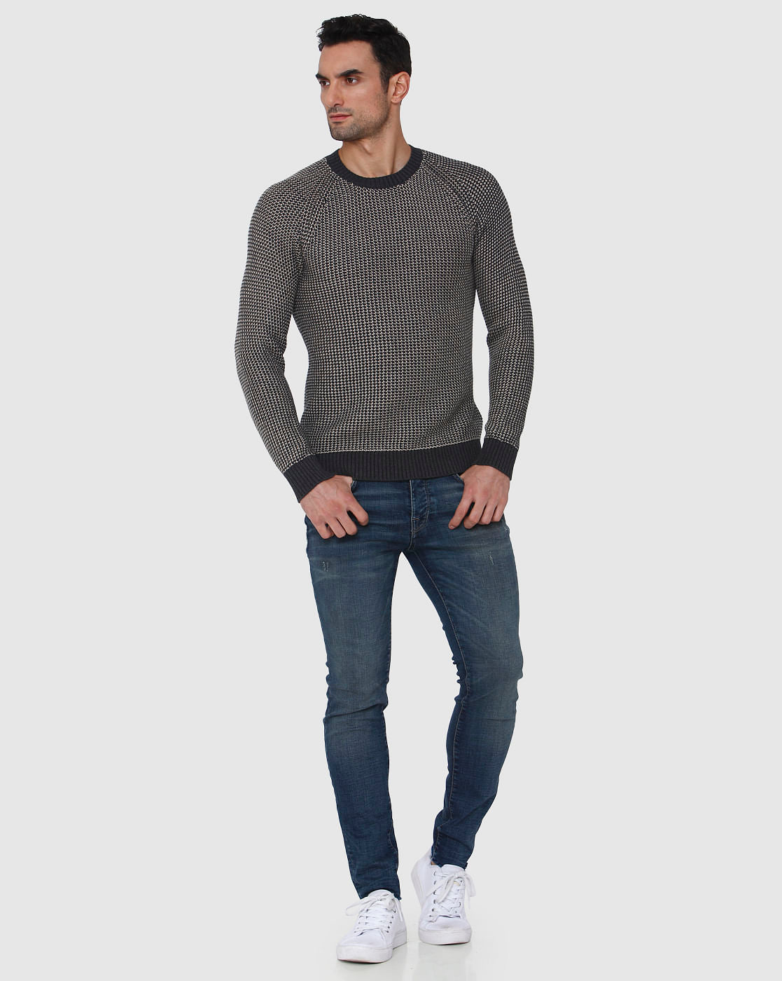 Black Textured Crew Neck Pullover