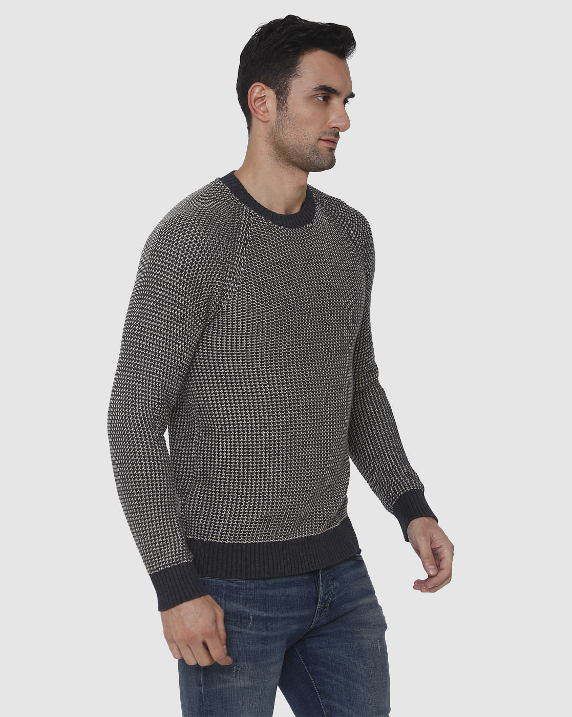 Black Textured Crew Neck Pullover