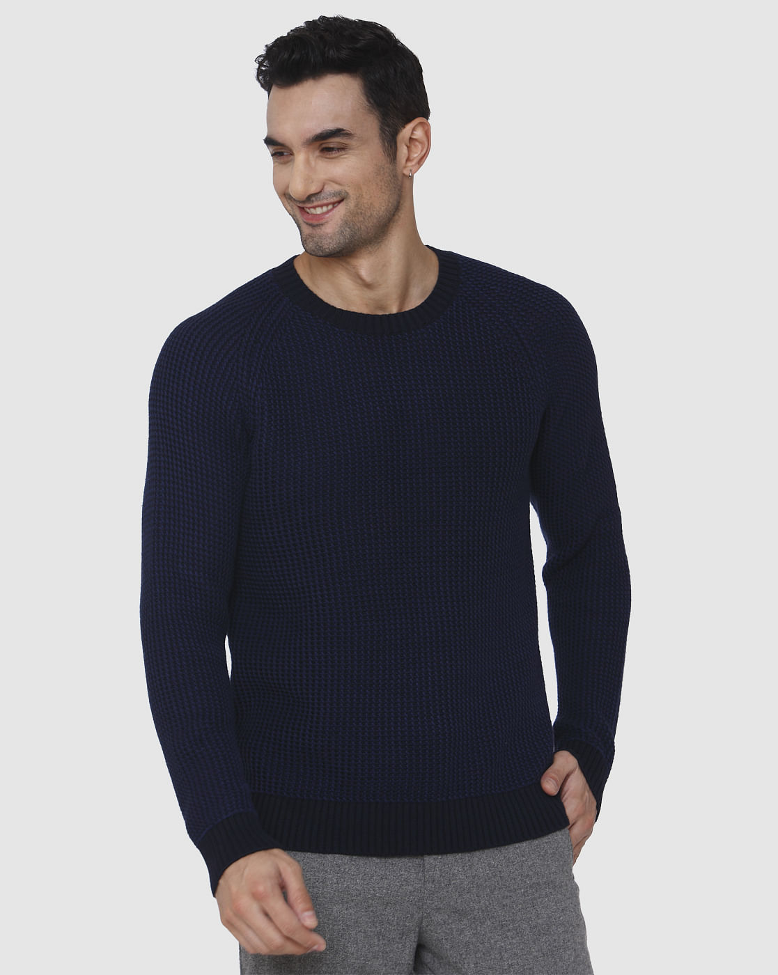 Blue Textured Crew Neck Pullover