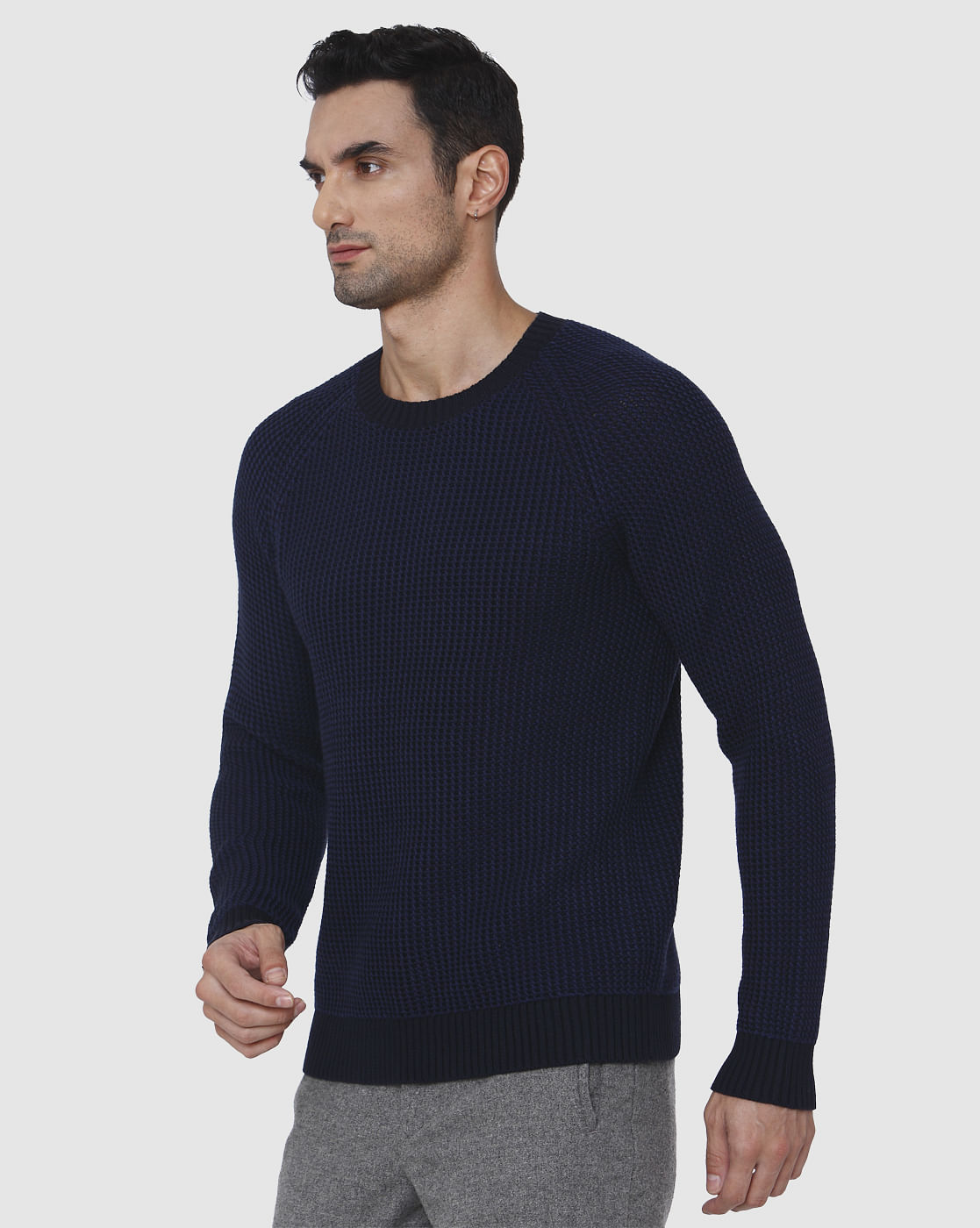 Blue Textured Crew Neck Pullover