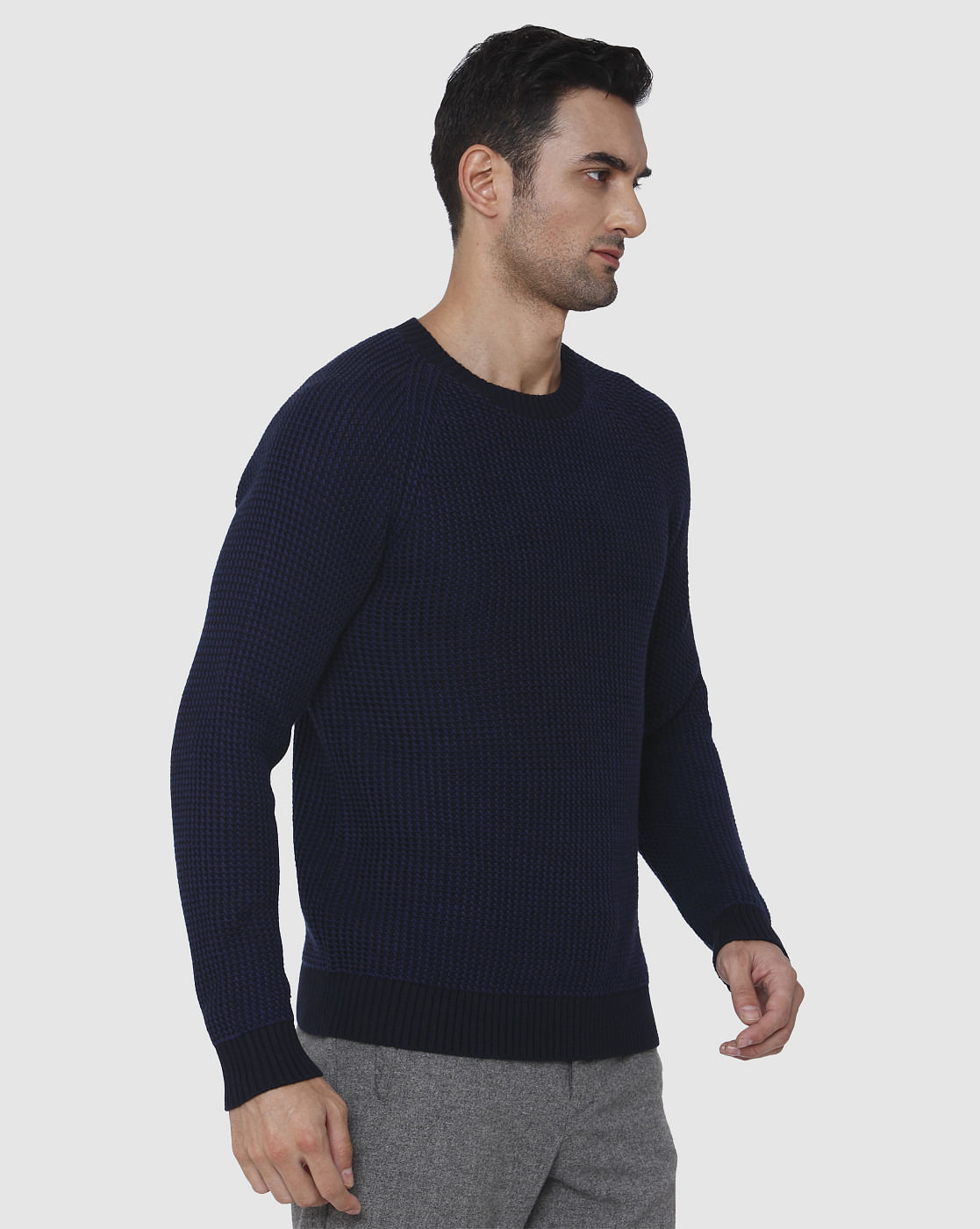 Blue Textured Crew Neck Pullover