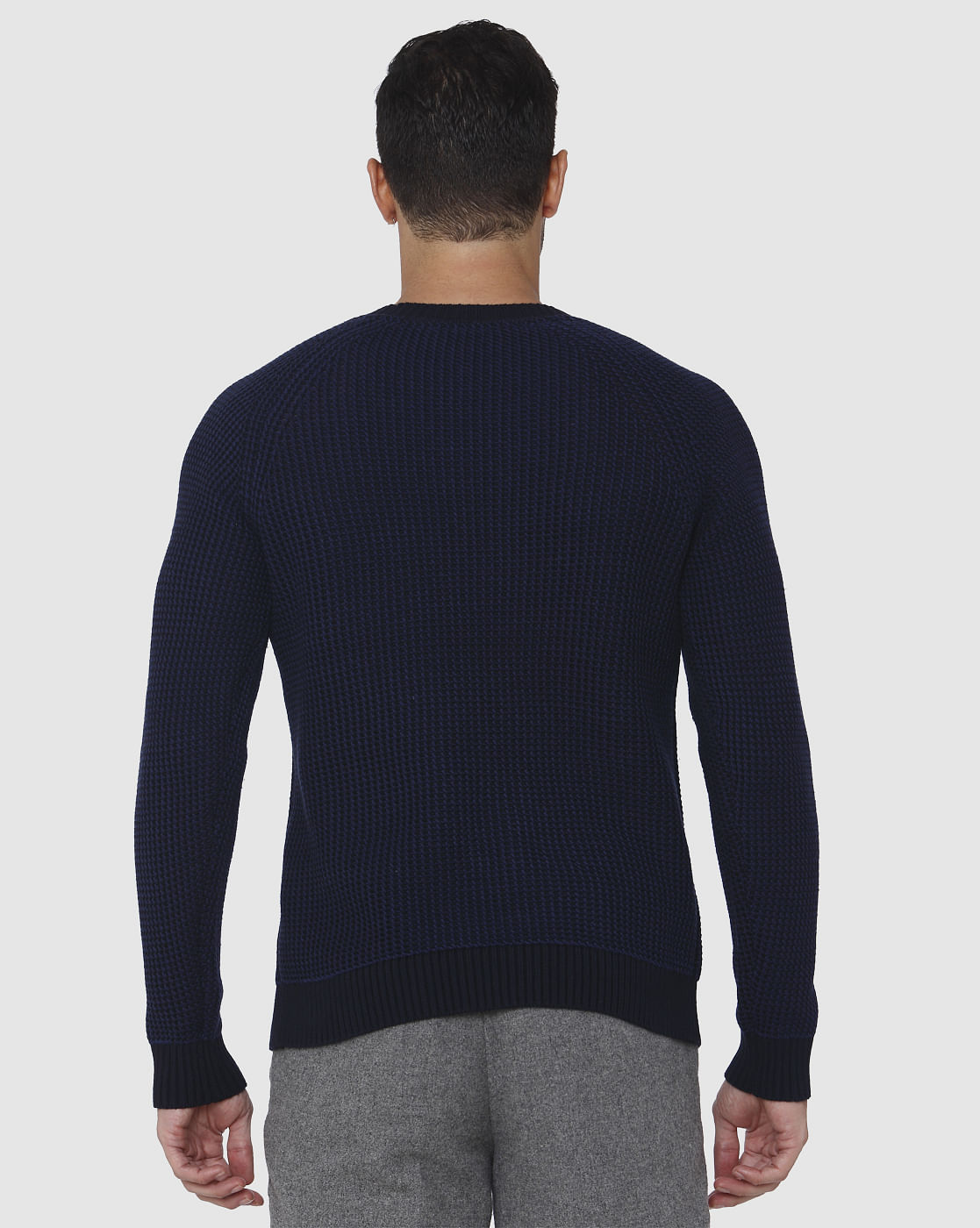 Blue Textured Crew Neck Pullover