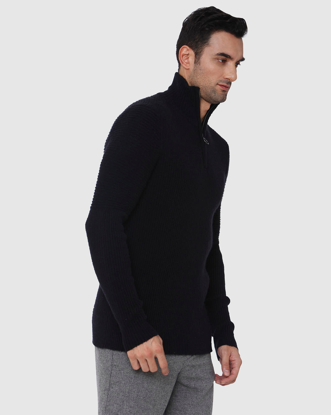 Black High Neck Ribbed Pullover