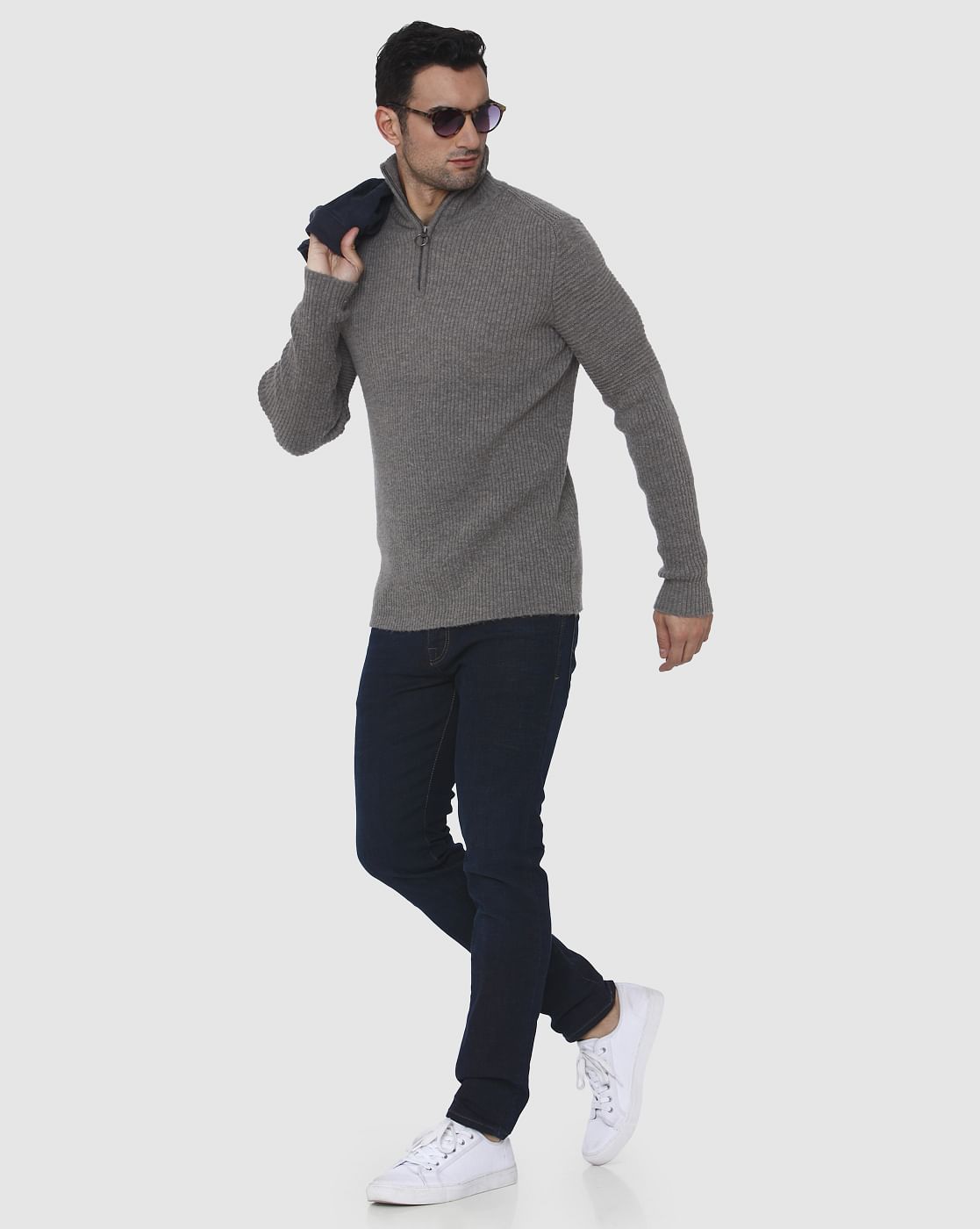 Grey Ribbed High Neck Pullover