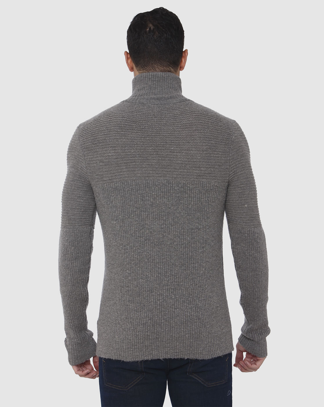 Grey Ribbed High Neck Pullover