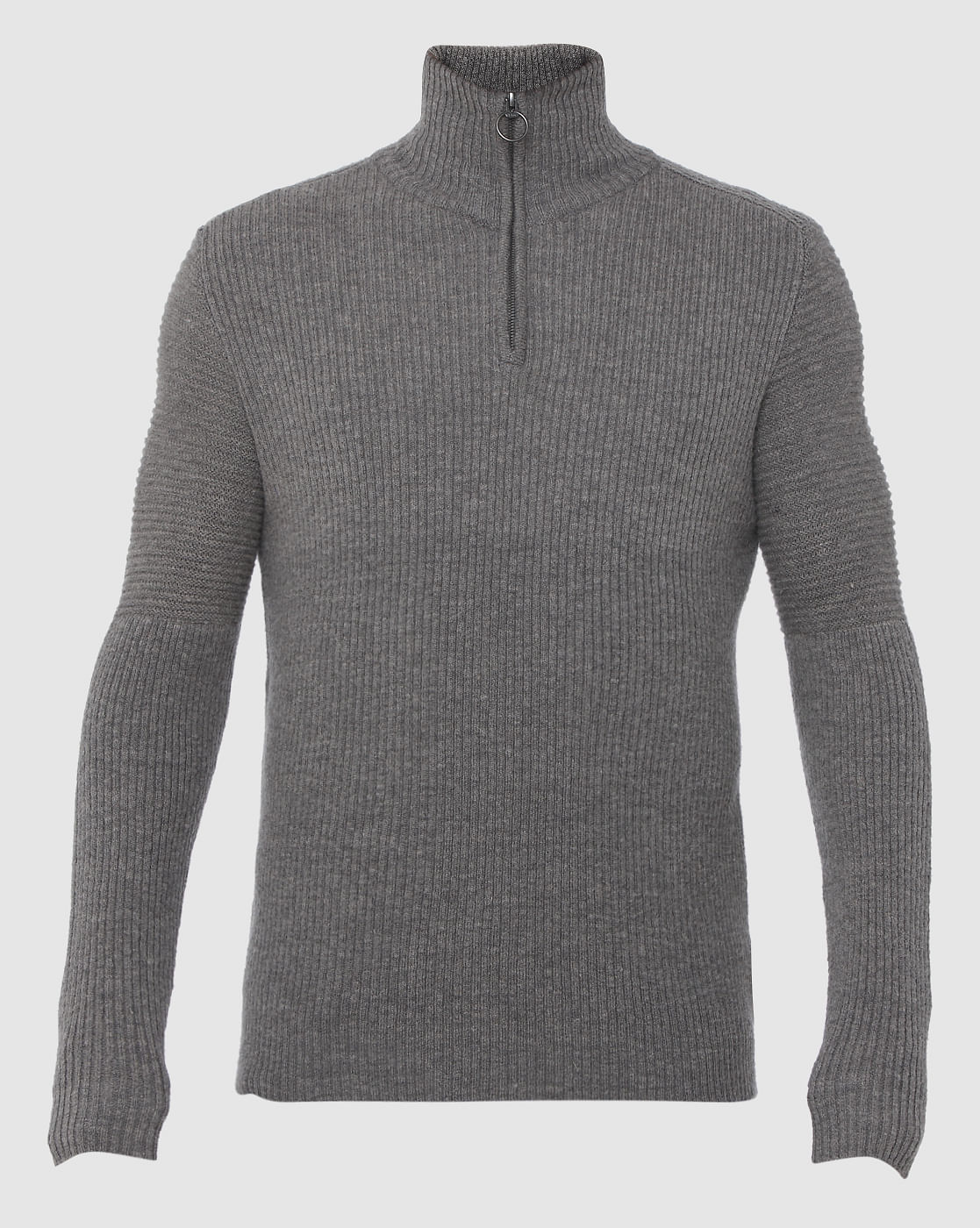 Grey Ribbed High Neck Pullover