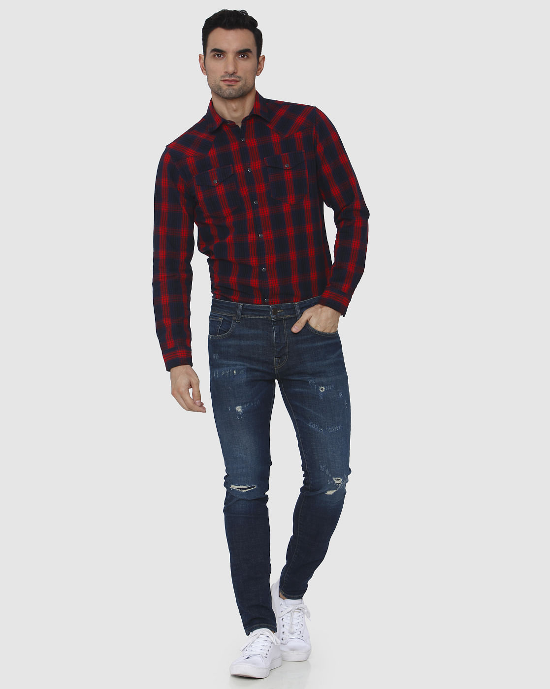 Dark Blue Knee Ripped Leon Slim Fit Jeans
