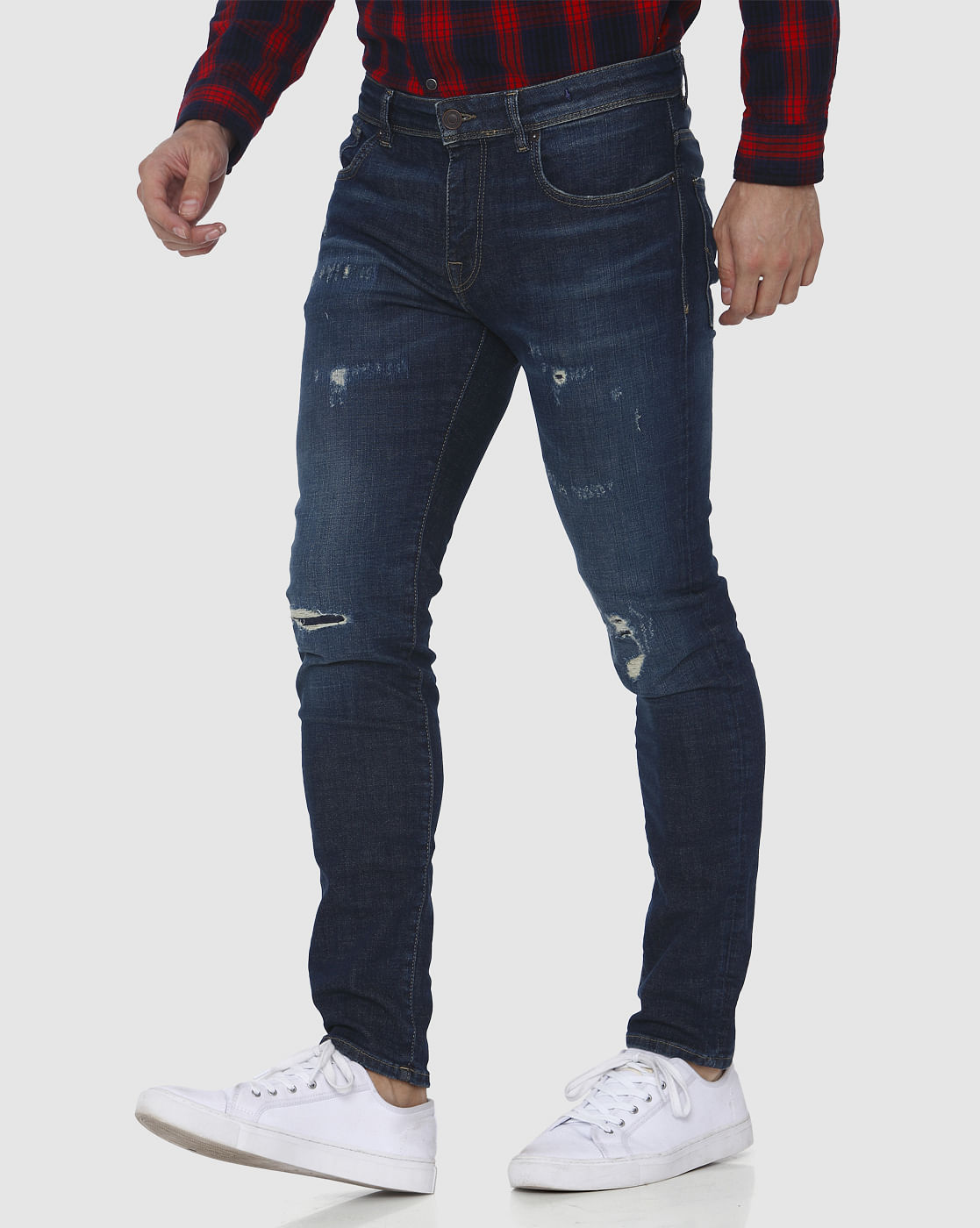 Dark Blue Knee Ripped Leon Slim Fit Jeans
