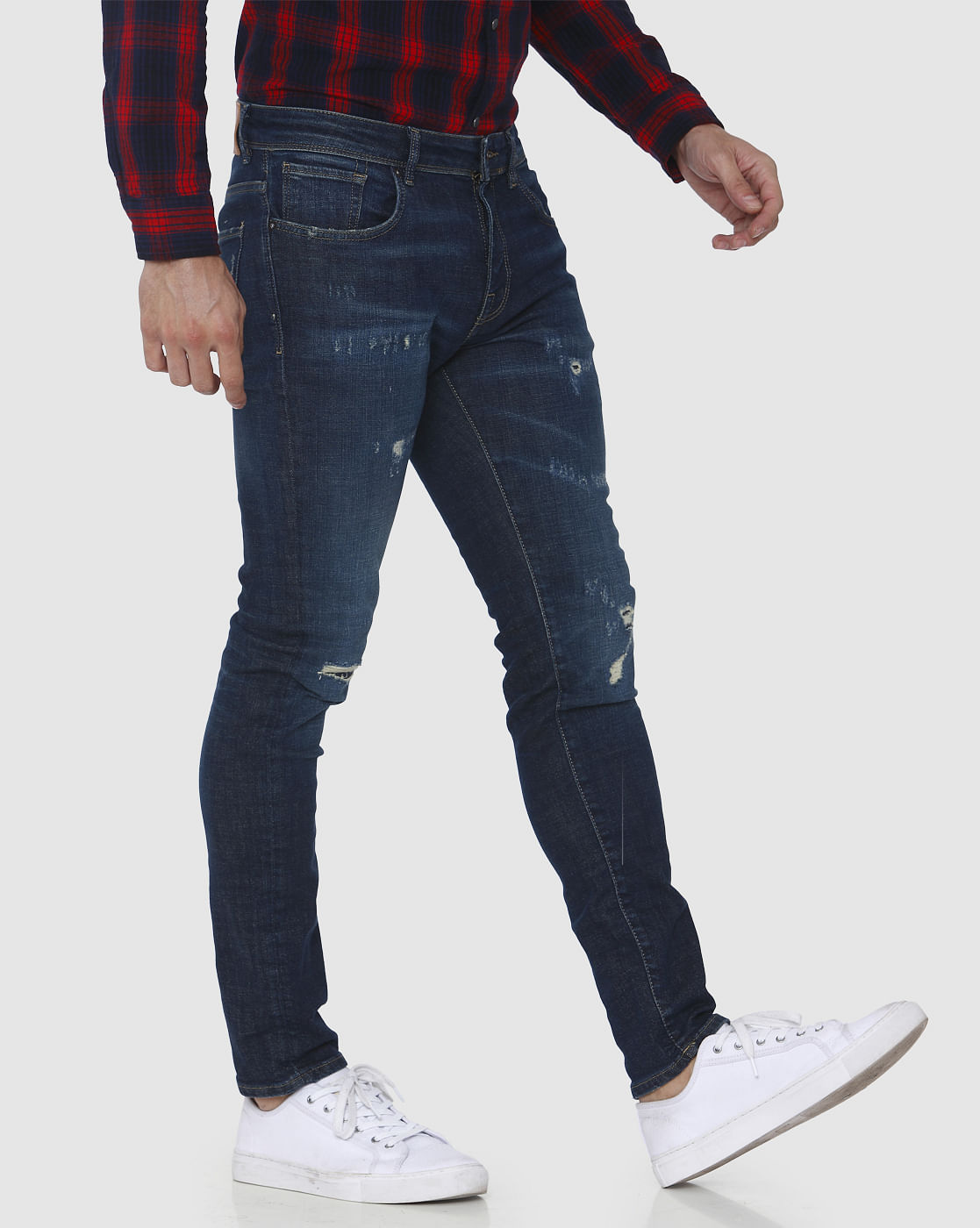 Dark Blue Knee Ripped Leon Slim Fit Jeans