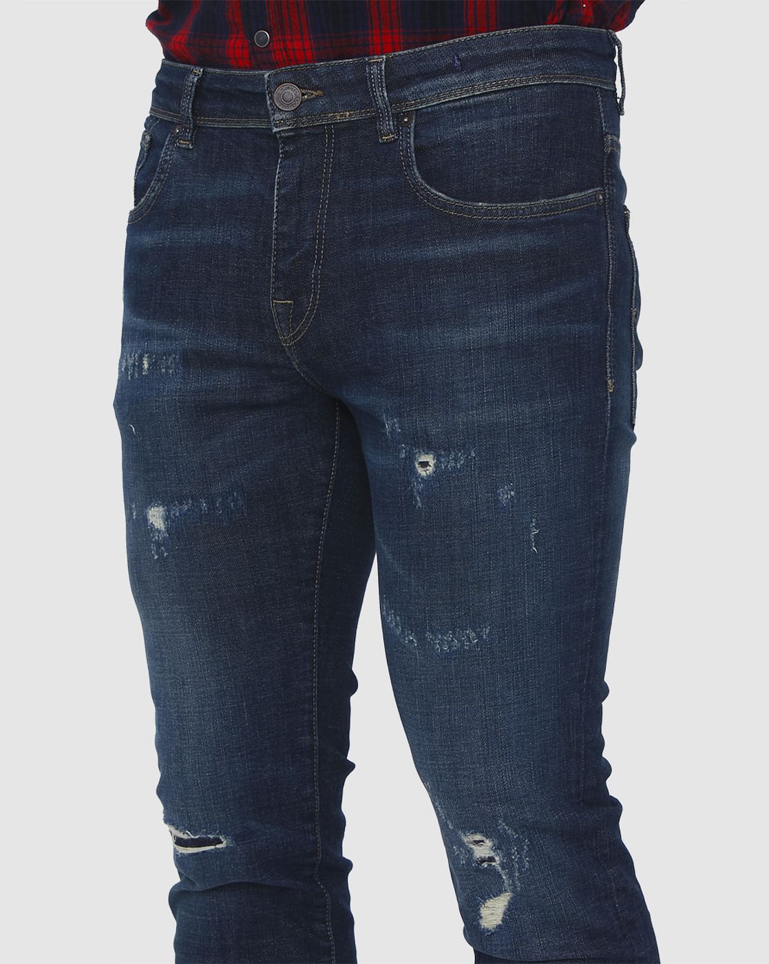 Dark Blue Knee Ripped Leon Slim Fit Jeans