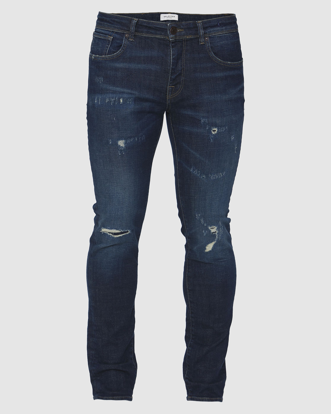 Dark Blue Knee Ripped Leon Slim Fit Jeans