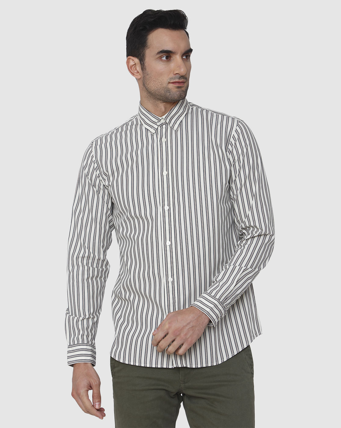 Grey Striped Full Sleeves Shirt