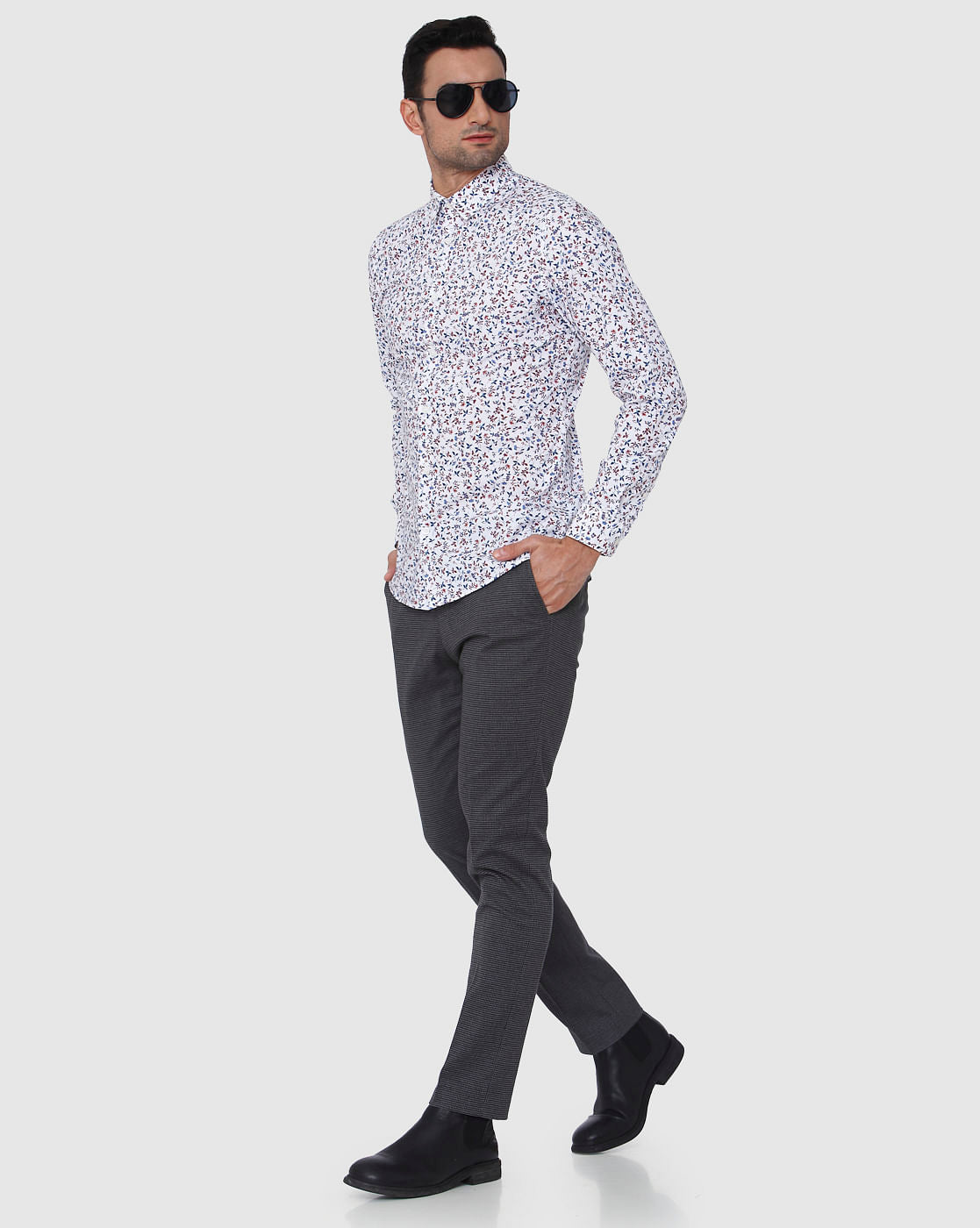 White Floral Print Full Sleeves Shirt