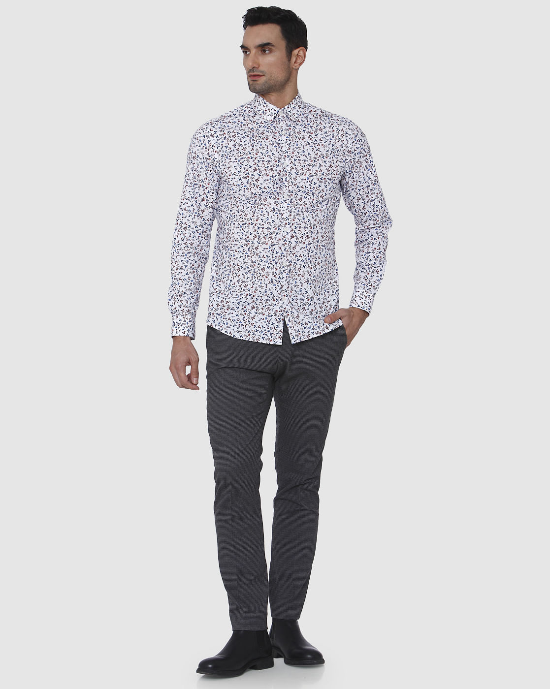 White Floral Print Full Sleeves Shirt