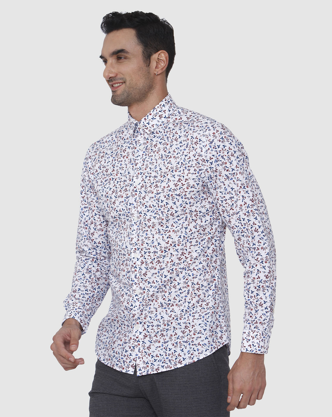 White Floral Print Full Sleeves Shirt
