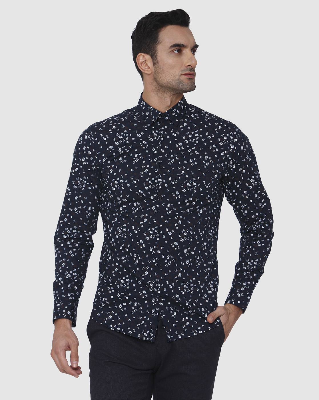 Blue Floral Print Full Sleeves Shirt