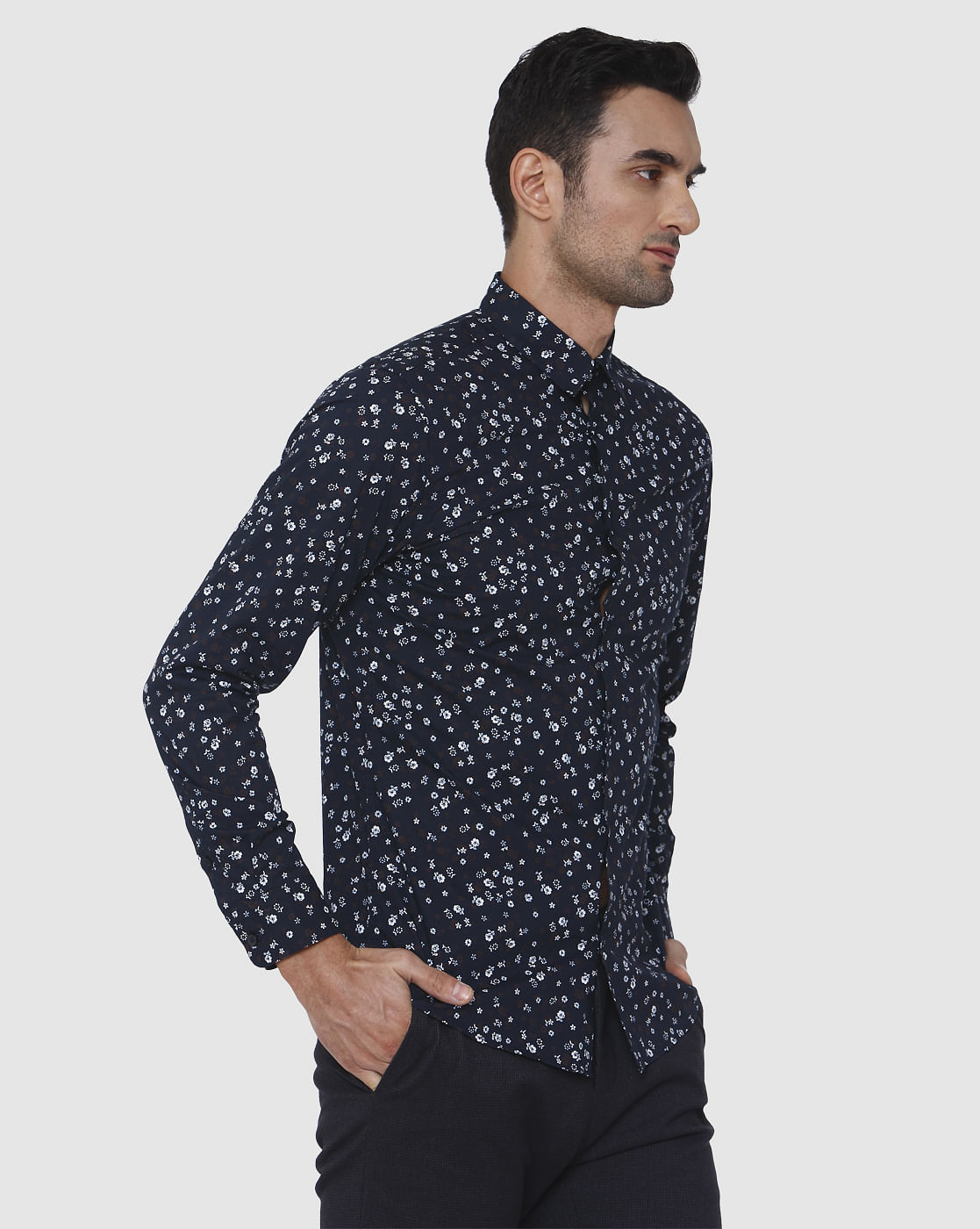 Blue Floral Print Full Sleeves Shirt