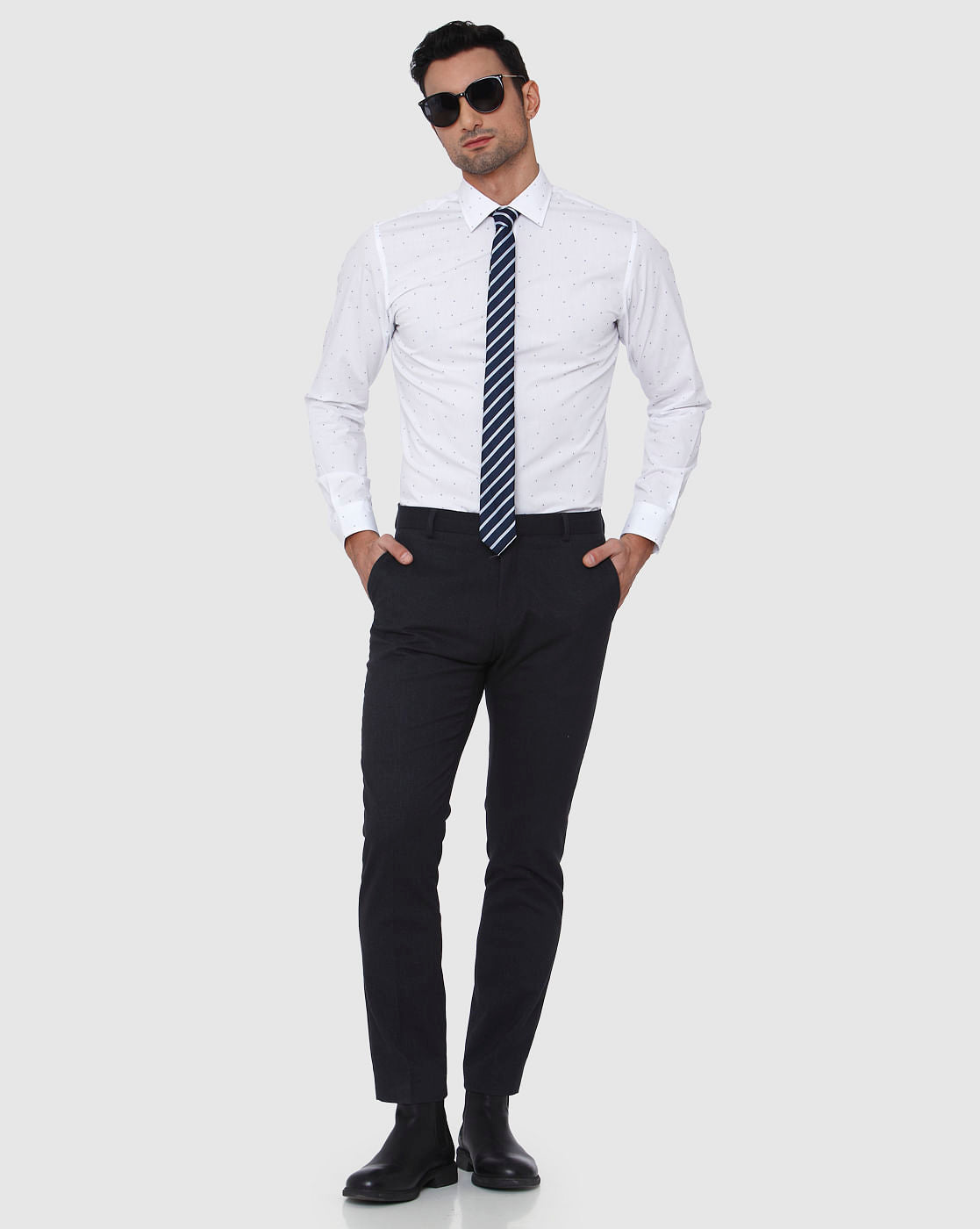 White All Over Dotted Print Full Sleeves Shirt