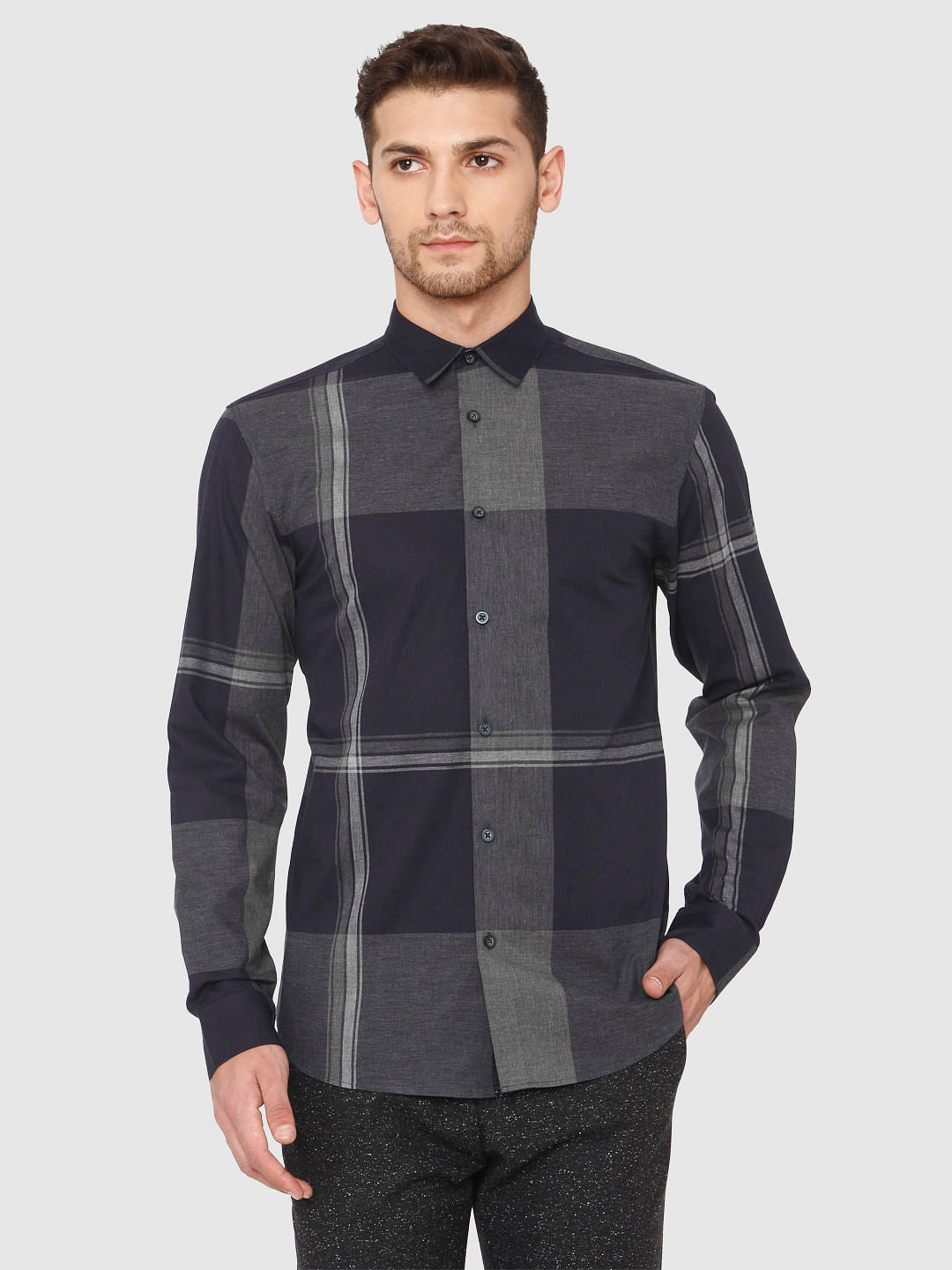 Navy Blue Check Full Sleeves Shirt