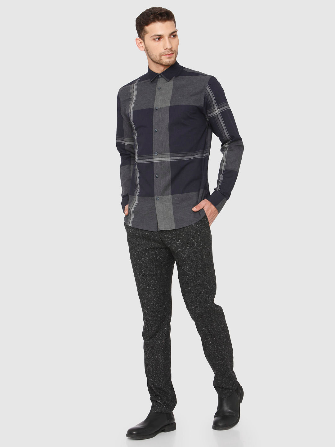 Navy Blue Check Full Sleeves Shirt