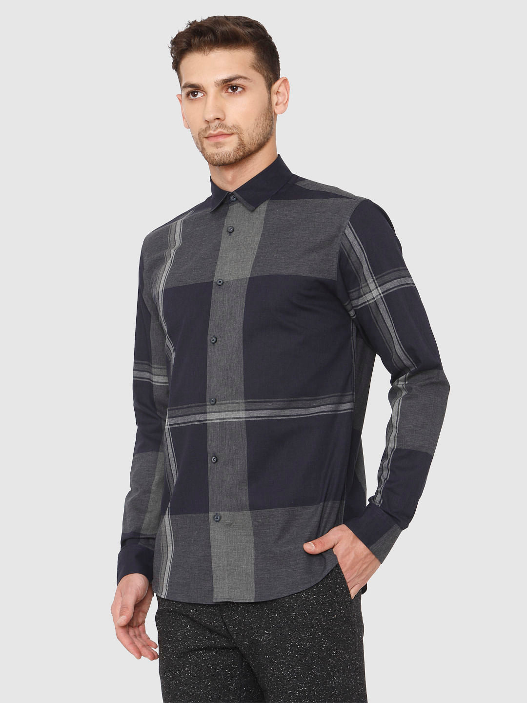 Navy Blue Check Full Sleeves Shirt